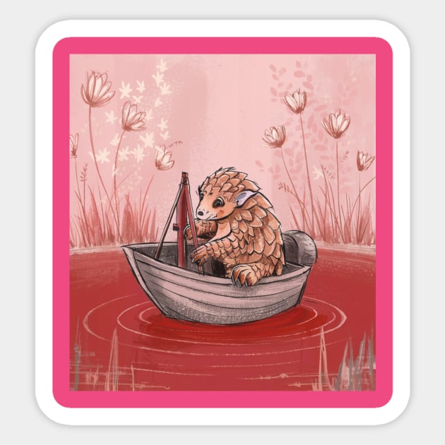AI generated floral lake Pangolin on boat Sticker by Catbrat